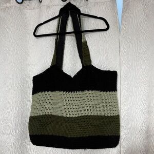 Hand-Crocheted Striped Denim Lined Oversized Tote Bag in Black and Olive